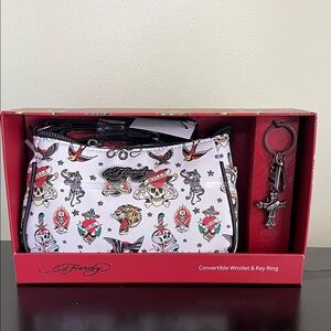 Ed Hardy Convertible Wristlet & Key Ring set with an iconic tattoo print design